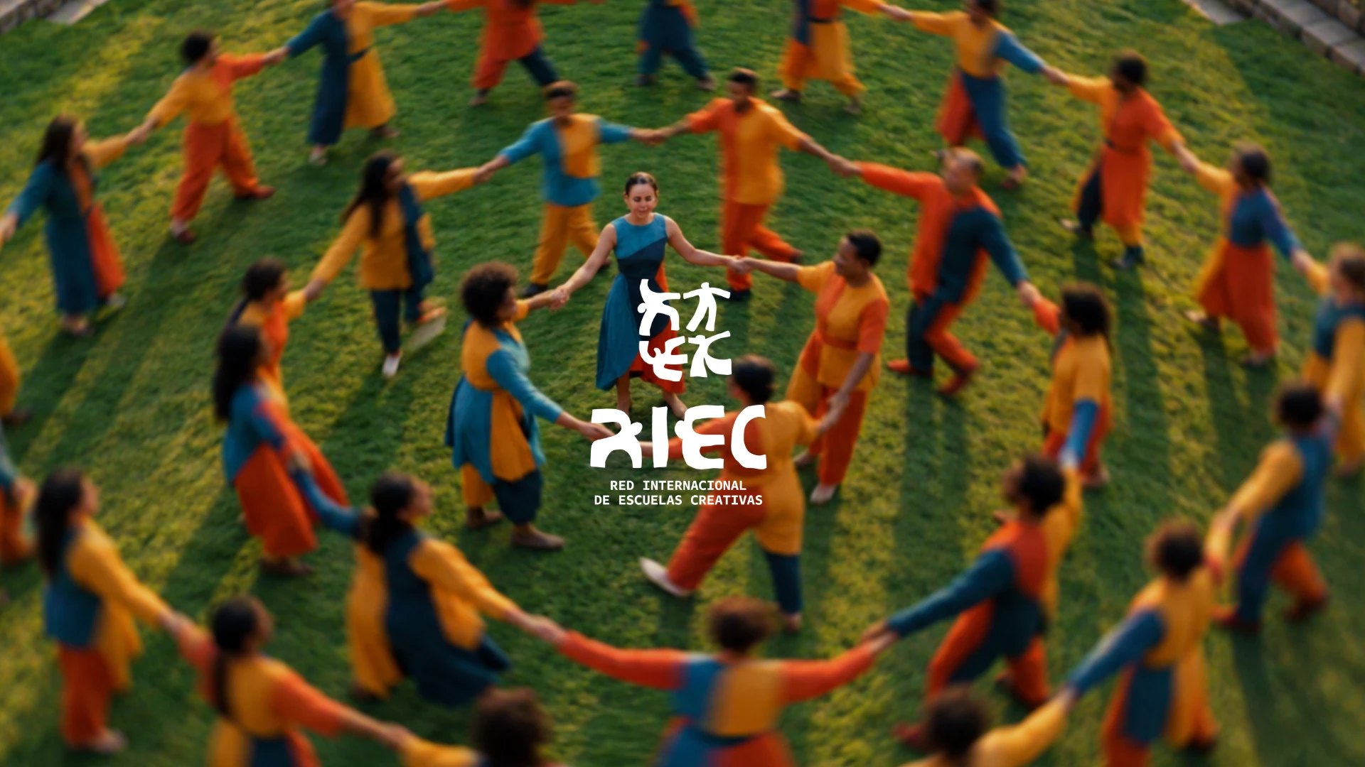Círculo de personas cogidas de la mano sobre hierba, con el logotipo de la Red Internacional de Escuelas Creativas